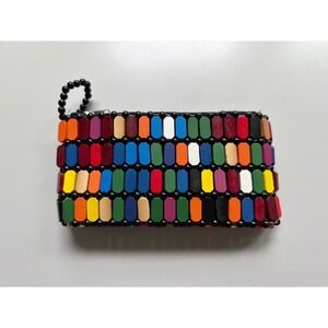 Multicolor Beaded Wood Tile Wristlet Clutch Bag Geometric Mosaic Pouch